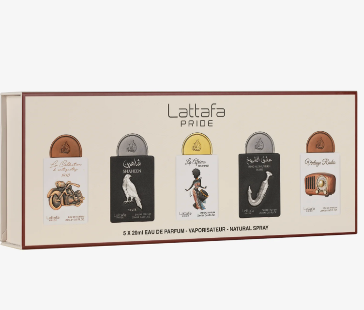 Set Minis 1 Lattafa Pride: Bike 1910, Shaheen Silver, African Drummer, Shuyukh Silver, Vintage Radio