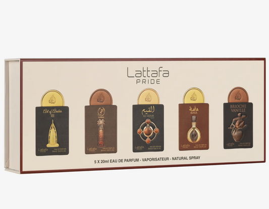 Set Mini Lattafa Pride 4: Art of Arabia III, Ajwaa, Al Qiam Gold, Masa, Brioche Vanille